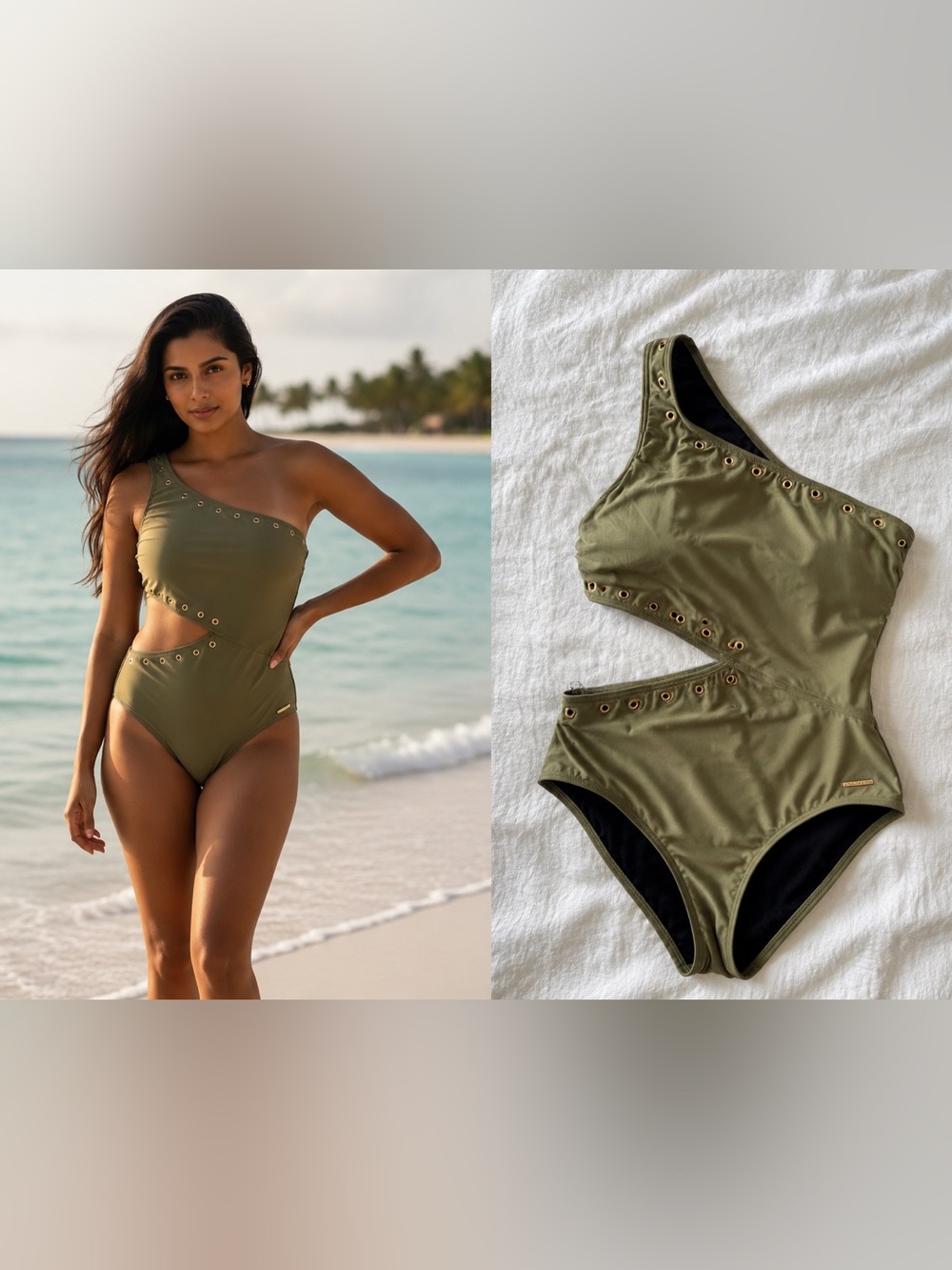Michael Kors One Shoulder Cutout Swimsuit Size 14 Olive Green Gold Grommet NWOT